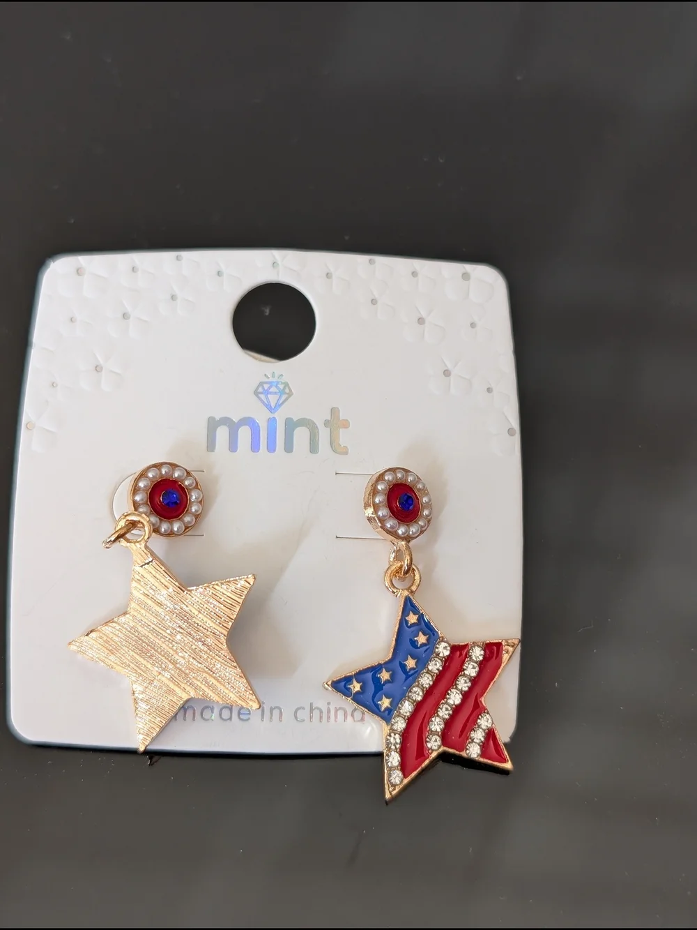 Mint Red & Blue Star Drop Earrings with Gold Accents